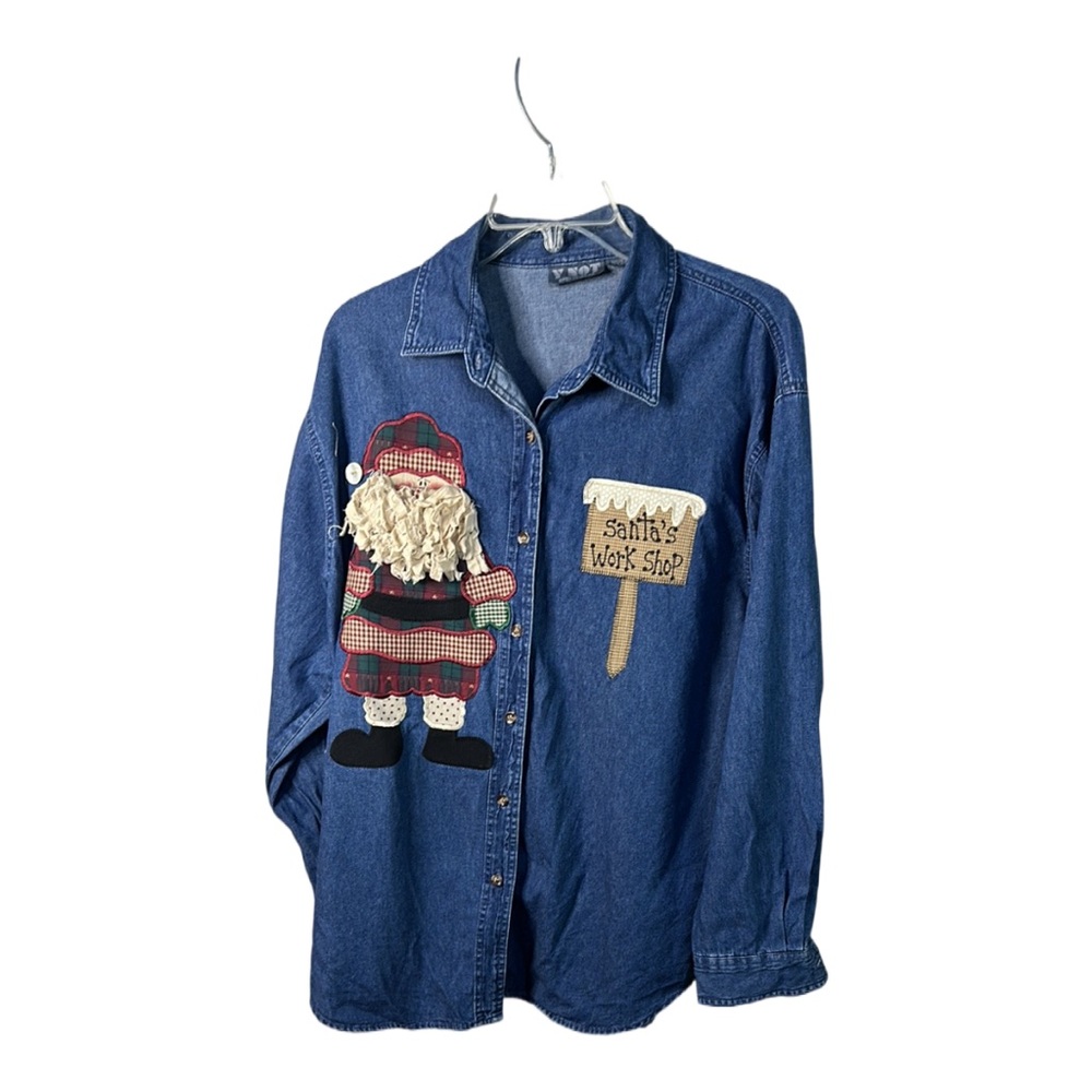 Vintage Sz XL Denim Shirt with Santa's Workshop Patch‎ PlIS
